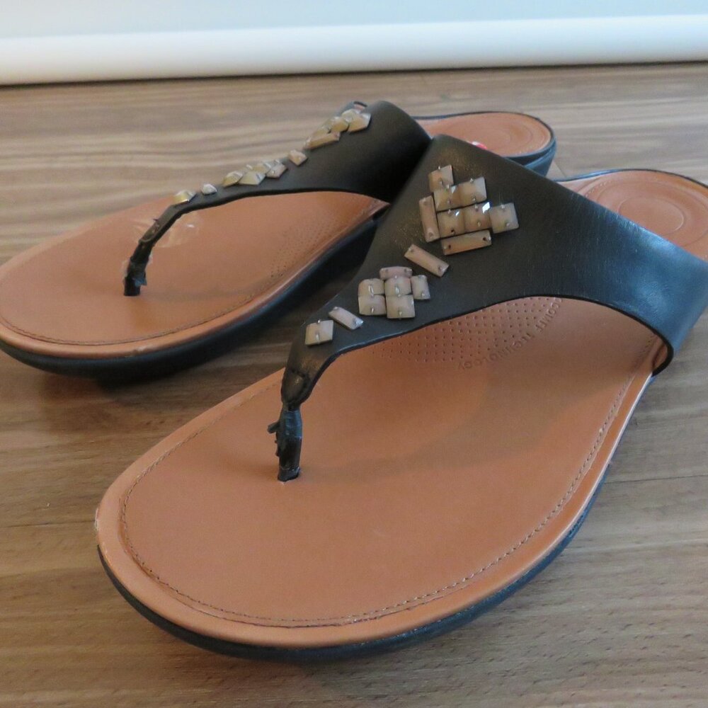 FITFLOP Banda Crystal Toe-Post Thong Sandals Black Leather Comfort - Size US 10 - Picture 2 of 15